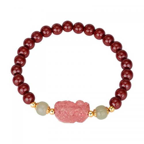 Cinnabar Bracelet with 925 Sterling Silver & Hetian Jade & Strawberry Quartz Fabulous Wild Beast gold color plated vintage & for woman Inner Approx 85mm Sold By PC