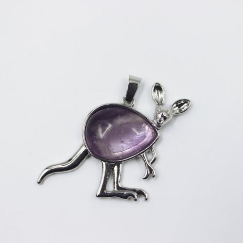 Gemstone Pendants Jewelry Natural Stone with Zinc Alloy Kangaroo silver color plated DIY Sold By PC
