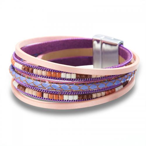 PU Leather Cord Bracelets with Zinc Alloy Round silver color plated fashion jewelry & multilayer & for woman nickel lead & cadmium free Length 20 cm Sold By PC