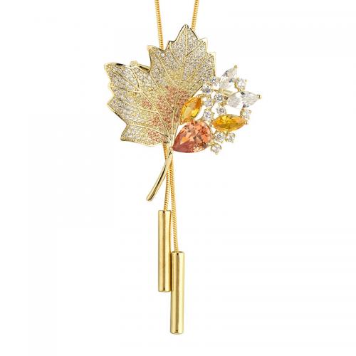 Zink Alloy Tröja halsband, med Kristall, Maple Leaf, guldfärg pläterade, för kvinna & med strass, fler färger för val, Längd Ca 35.4 inch, Säljs av PC