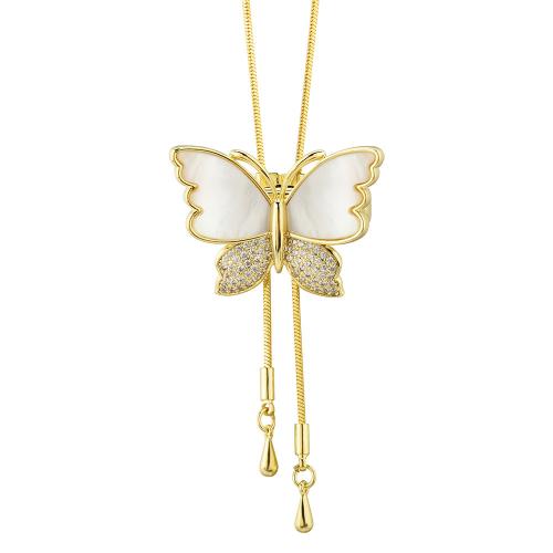 Zinc Alloy Sweater Necklace with White Shell Butterfly plated for woman & with rhinestone Length Approx 33.9 Inch Sold By PC