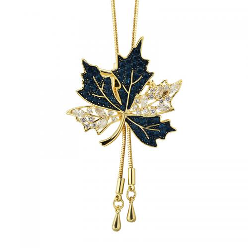 Zinc Alloy Sweater Necklace Maple Leaf gold color plated snake chain & for woman & enamel & with rhinestone Length Approx 33.9 Inch Sold By PC