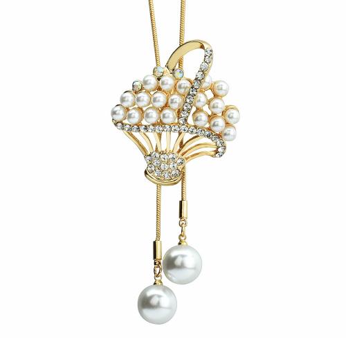 Zinc Alloy Sweater Necklace with Plastic Pearl Flower Basket gold color plated snake chain & for woman & with rhinestone Length Approx 33.9 Inch Sold By PC