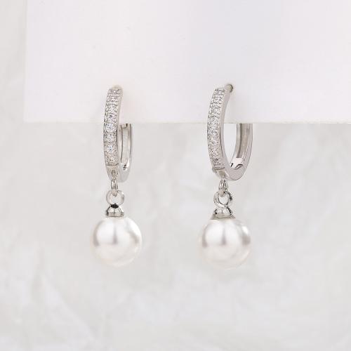 Cubic Zirconia Micro Pave Brass Earring with Shell Pearl plated micro pave cubic zirconia & for woman 24mm Sold By Pair
