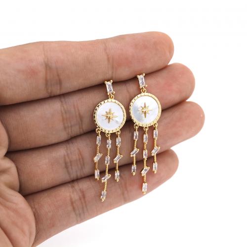 Cubic Zirconia Micro Pave Brass Earring with Shell 18K gold plated fashion jewelry & micro pave cubic zirconia & for woman white nickel lead & cadmium free Sold By Pair