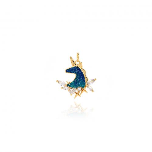 Cubic Zirconia Micro Pave Brass Pendant Unicorn 18K gold plated fashion jewelry & DIY & micro pave cubic zirconia & enamel blue nickel lead & cadmium free Sold By PC