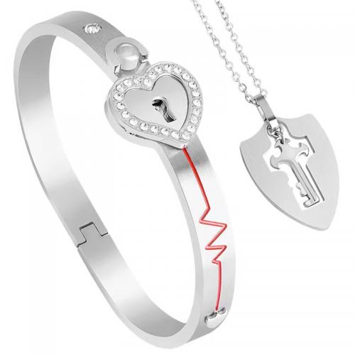 Titanium Steel Jewelry Set bangle & necklace plated for couple & with rhinestone Length 18 cm Sold By PC
