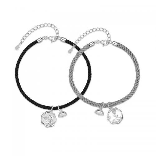 Couple Bracelet and Bangle Brass with Magnet & Wax Cord plated Unisex & micro pave cubic zirconia silver color Sold By PC
