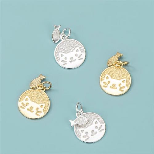 925 Sterling Silver Pendant Cat and Fish plated DIY Approx 3.3mm Sold By PC