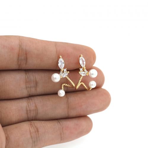 Cubic Zirconia Micro Pave Brass Earring with Plastic Pearl 18K gold plated fashion jewelry & micro pave cubic zirconia & for woman white nickel lead & cadmium free Sold By Pair