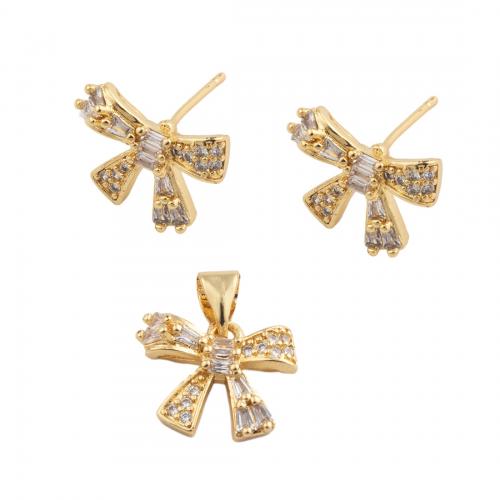 Brass Jewelry Set, Bowknot, fashion jewelry & micro pave cubic zirconia & for woman, golden, nickel, lead & cadmium free, pendant 11.5*13.5mm,  stud earring 10.5*14mm, Sold By PC