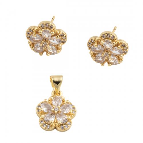 Brass Jewelry Set fashion jewelry & micro pave cubic zirconia & for woman golden nickel lead & cadmium free pendant 14*12mm stud earring 11.5*12mmm Sold By PC