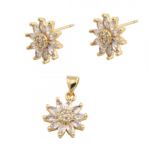 Brass Jewelry Set fashion jewelry & micro pave cubic zirconia & for woman golden nickel lead & cadmium free pendant 15*12.5mm stud earring 13*13mm Sold By PC