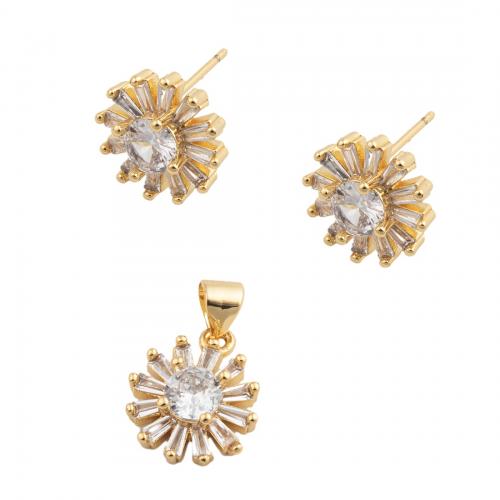 Brass Jewelry Set fashion jewelry & micro pave cubic zirconia & for woman golden nickel lead & cadmium free pendant 14*11.5mm stud earring 11.5*11.5mm Sold By PC