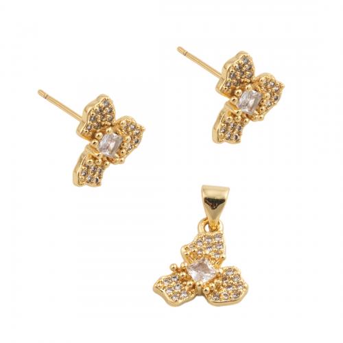 Brass Jewelry Set fashion jewelry & micro pave cubic zirconia & for woman golden nickel lead & cadmium free pendant 12.5*12mm stud earring 10.5*12mm Sold By PC
