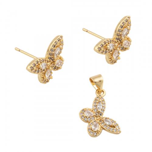 Brass Jewelry Set Butterfly fashion jewelry & micro pave cubic zirconia & for woman golden nickel lead & cadmium free pendant 17*13.5mm stud earring 9.5*14.5mm Sold By PC
