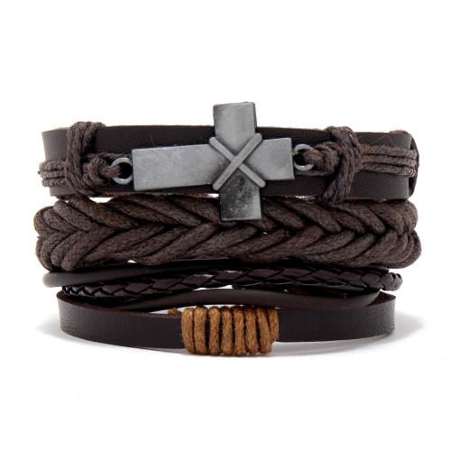 PU Leather Cord Bracelets Zinc Alloy with PU Leather handmade three pieces & Unisex coffee color Length Approx 25 cm Sold By Set