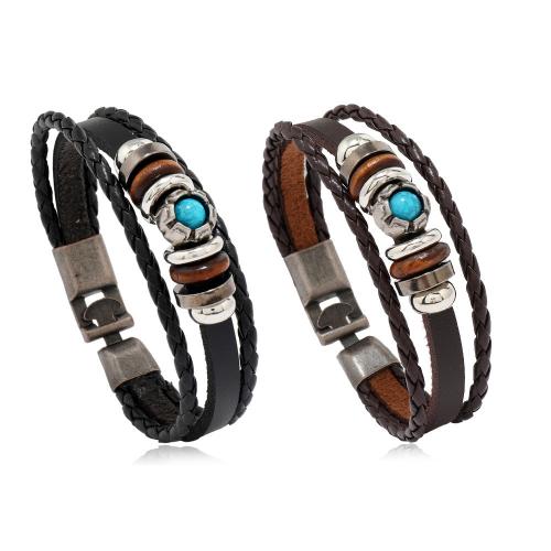PU Leather Cord Bracelets Zinc Alloy with turquoise & PU Leather & Wood handmade Unisex Length Approx 21.5 cm Sold By PC