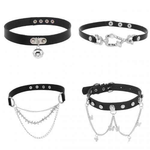 Fashion Choker Necklace Zinc Alloy with PU Leather & Plastic Pearl handmade & micro pave cubic zirconia & for woman black Sold By PC