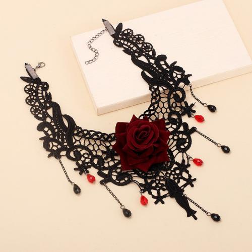 Embroidery Choker Lace with Plastic & Plastic Pearl & Zinc Alloy handmade fashion jewelry & for woman black Length Approx 21-50 cm Sold By PC