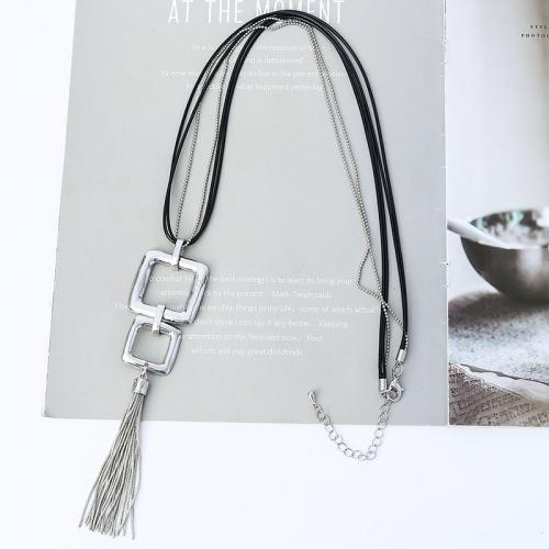 Zinc Alloy Sweater Chain Necklace with leather cord platinum color plated fashion jewelry & for woman nickel lead & cadmium free Length Approx 80 cm Sold By PC