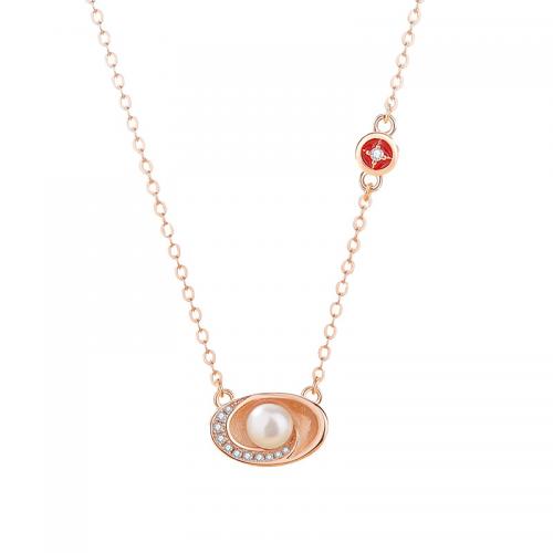 Cubic Zircon Micro Pave 925 Sterling Silver Necklace, with Pearl Shell, with 5CM extender chain, plated, micro pave cubic zirconia & for woman & epoxy gel, rose gold color, Length:Approx 40 cm, Sold By PC
