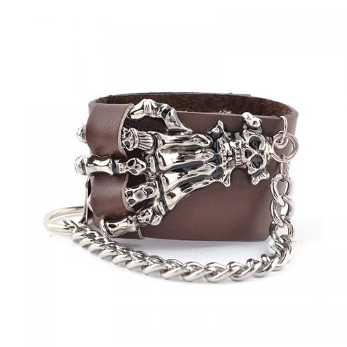 Cowhide Bracelet with Zinc Alloy Skull plated punk style & for man Length Approx 6.7-7.9 Inch Sold By PC