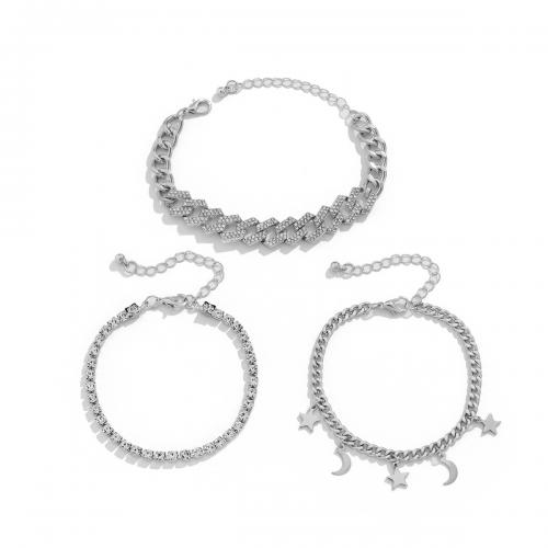 alliage de zinc Set de bracelet, avec chaîne de fer, avec 1.9inch chaînes de rallonge, Placage de couleur platine, trois pièces & pour femme & avec strass, Longueur Environ 6.2 pouce, Vendu par fixé