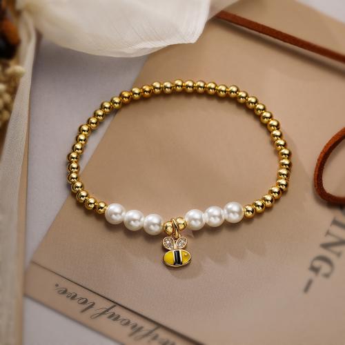 Cubic Zirconia Micro Pave Brass Bracelet with Plastic Pearl gold color plated & micro pave cubic zirconia & for woman & enamel Length 14 cm Sold By PC