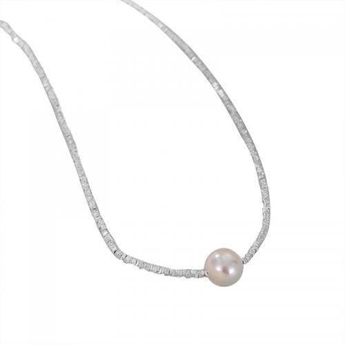 925 Sterling Silver Necklaces with Shell Pearl with 5CM extender chain plated for woman platinum color Length Approx 40 cm Sold By PC