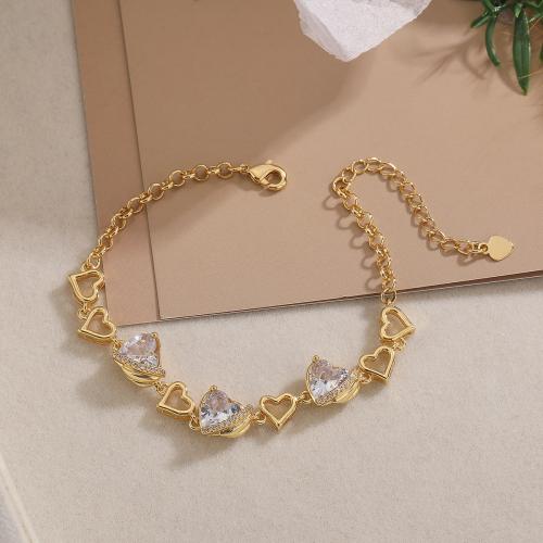 Cubic Zirconia Micro Pave Brass Bracelet with 5CM extender chain Heart gold color plated micro pave cubic zirconia & for woman nickel lead & cadmium free Length 16 cm Sold By PC