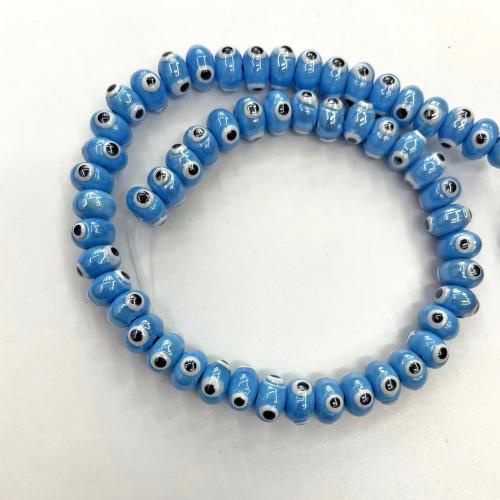 Mode boze oog sieraden kralen, Porselein, Rond plat, DIY, blauw, 6x9mm, Ca 52pC's/Strand, Verkocht door Strand