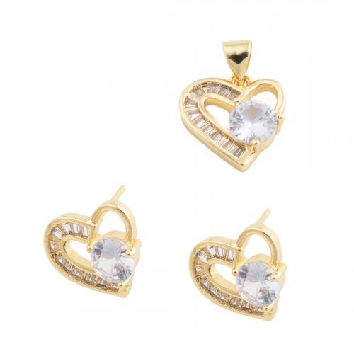 Brass Jewelry Set, Heart, different styles for choice & micro pave cubic zirconia & for woman, golden, nickel, lead & cadmium free, pendant 13.5*13.5mm,  stud earring 12.5*13.5mm, Sold By PC