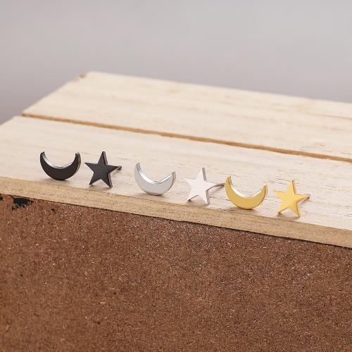 Stainless Steel Stud Earrings, 304 Stainless Steel, Moon and Star, plated, for woman, more colors for choice, 12Pairs/Bag, Sold By Bag