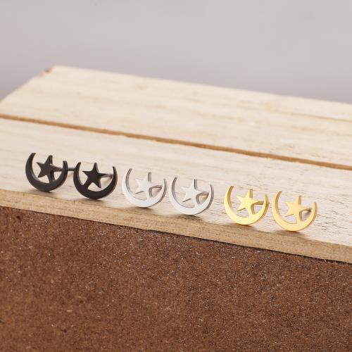 Stainless Steel Stud Earrings, 304 Stainless Steel, Moon and Star, plated, for woman, more colors for choice, 7x8mm, 12Pairs/Bag, Sold By Bag