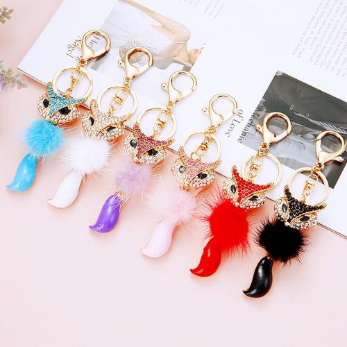 Zinc Alloy Key Clasp with Plush & PU Leather Fox plated fashion jewelry & with rhinestone nickel lead & cadmium free Sold By PC