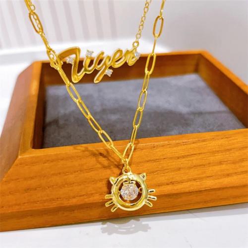 Brass Necklace, with 6cm extender chain, Double Layer & fashion jewelry & for woman & with rhinestone, gold, nickel, lead & cadmium free, Length:Approx 41 cm, Sold By PC