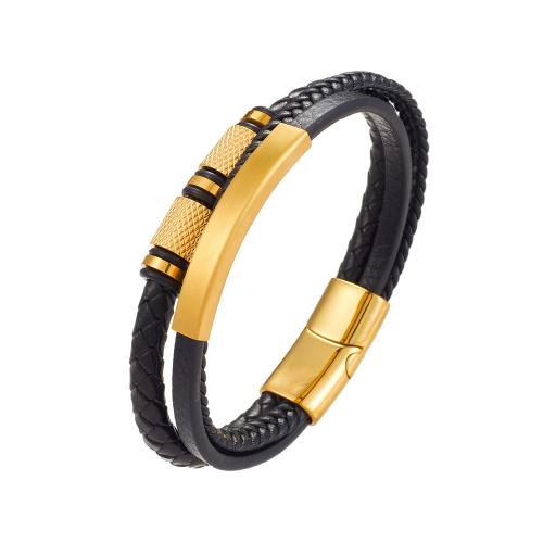 PU Leather Cord Bracelets 304 Stainless Steel with Microfiber PU & Split Layer Cowhide Leather handmade Unisex Sold By PC