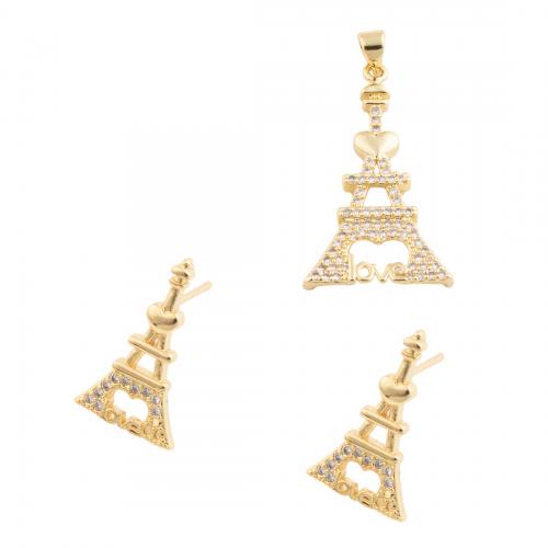 Brass Jewelry Set, Eiffel Tower, different styles for choice & micro pave cubic zirconia & for woman, golden, nickel, lead & cadmium free, pendant 36*18.5mm,  stud earring 17.5*10.5mm, Sold By PC