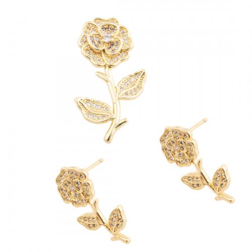 Brass Jewelry Set Flower & micro pave cubic zirconia & for woman golden nickel lead & cadmium free pendant 30.5*16.5mm stud earring 20.5*10mm Sold By PC