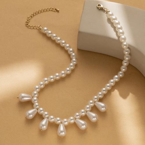 Collar de perlas de plástico, Perlas plásticas, con aleación de zinc, con 2.76 Inch extender cadena, chapado, Joyería & para mujer, Blanco, libre de níquel, plomo & cadmio, longitud aproximado 14.57 Inch, Vendido por UD