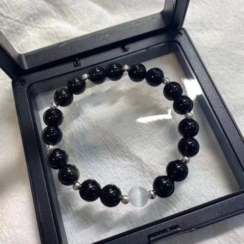Gemstone Bracelets, Tibetan Style, with Obsidian & Elastic Thread & Cats Eye, polished, different materials for choice & Unisex, more colors for choice, Length:Approx 17 cm, Sold By PC