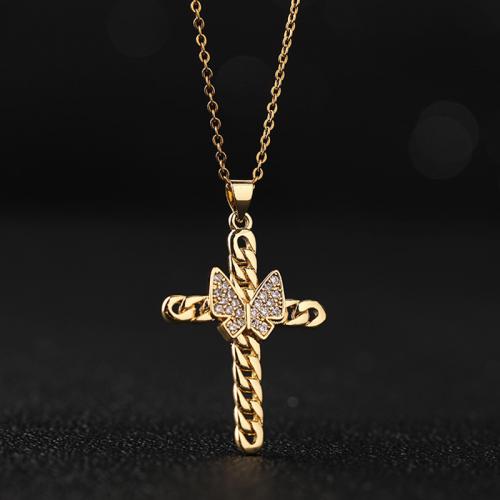 Cubic Zircon Micro Pave Brass Necklace, with 5CM extender chain, Cross, plated, micro pave cubic zirconia & for woman, gold, Length:Approx 40 cm, Sold By PC