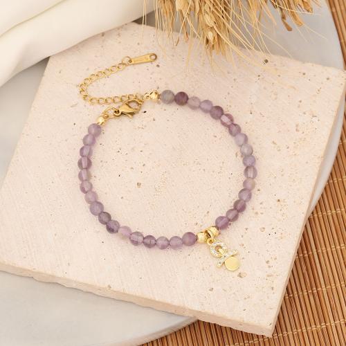Gemstone Bracelet with Brass & 304 Stainless Steel with 2inch extender chain gold color plated & for woman & with rhinestone Length Approx 7 Inch Sold By PC