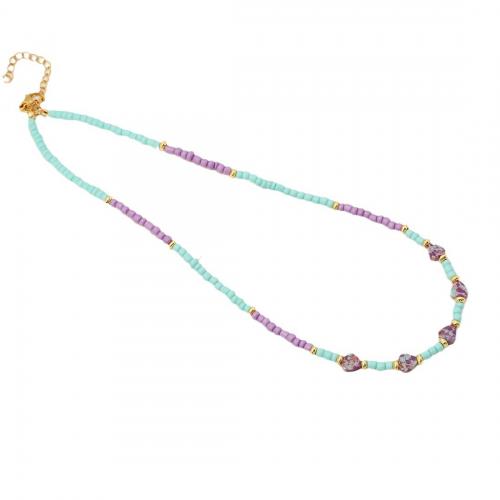 Seedbead Necklace with Gemstone & 304 Stainless Steel with 2inch extender chain Heart gold color plated & for woman Length Approx 15.7 Inch Sold By PC