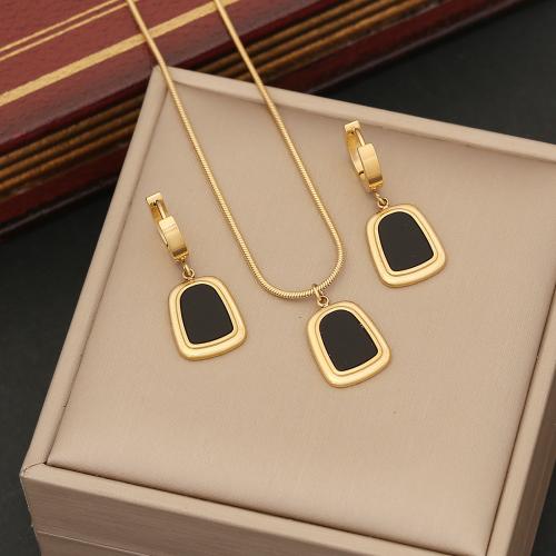 304 Stainless Steel Jewelry Set earring & necklace with Shell with 2inch extender chain Geometrical Pattern gold color plated 2 pieces & snake chain & for woman earring length 45mm Length Approx 15.7 Inch Sold By PC
