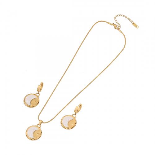304 Stainless Steel Jewelry Set earring & necklace with Shell Moon gold color plated 2 pieces & snake chain & for woman Sold By Set