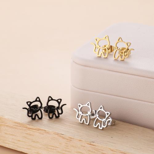 Stainless Steel Stud Earrings, 304 Stainless Steel, Cat, plated, for woman, more colors for choice, 11x12mm, 12Pairs/Bag, Sold By Bag
