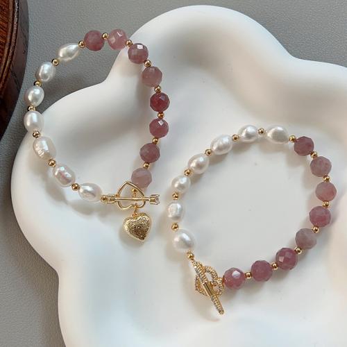Quartz Bracelets Rose Quartz with ABS Plastic Pearl & Brass fashion jewelry & micro pave cubic zirconia Length 17.2 cm Sold By PC