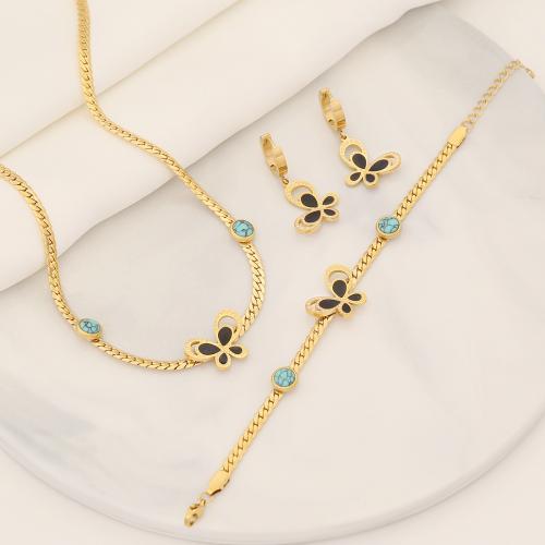 304 Stainless Steel Jewelry Set with turquoise Butterfly gold color plated & for woman & hollow Sold By PC